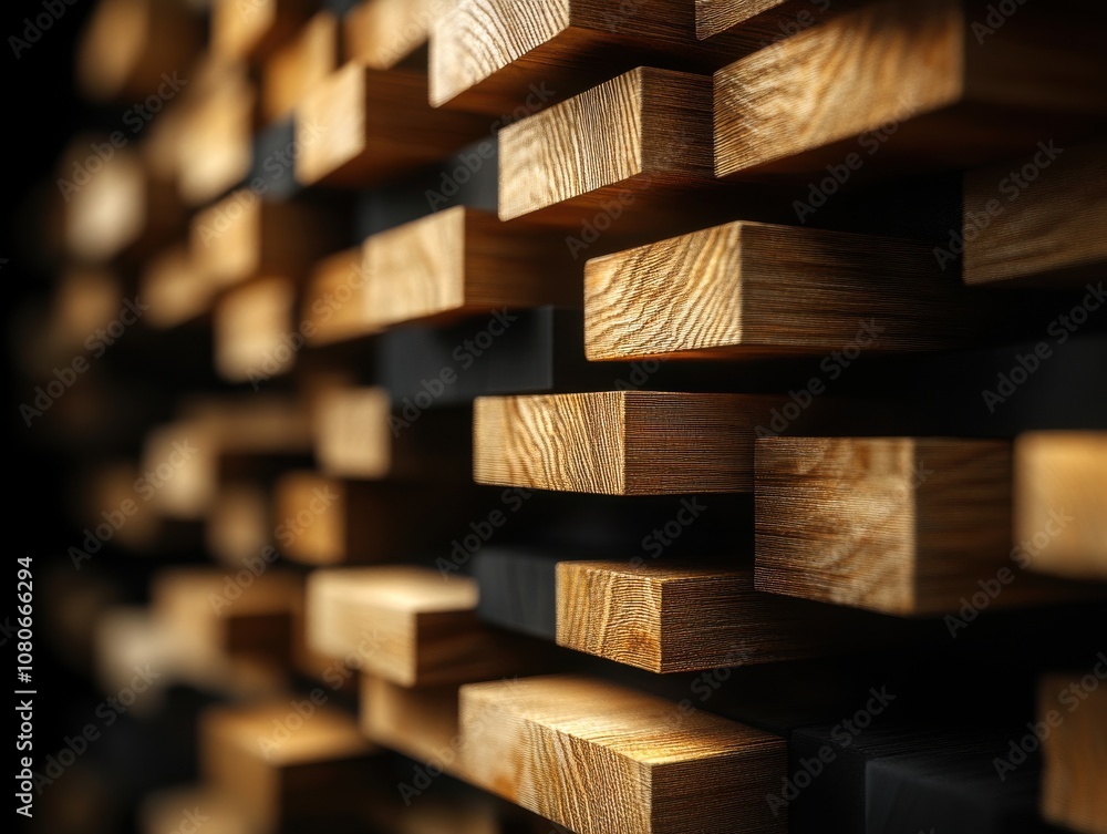 Poster a close-up view of textured wooden blocks arranged in a stylish pattern, showcasing their rich grain