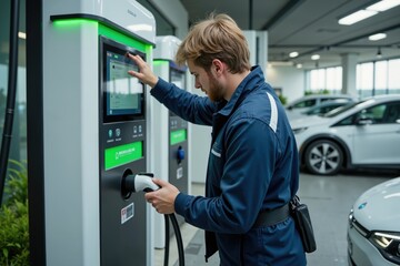 Fototapeta premium Worker operating ev charging station in modern indoor facility.