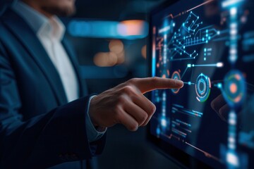 businessman's hand pointing at a digital touchscreen displaying data analytics, network diagrams, and futuristic interface elements in a dark office setting.