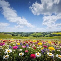 Obraz premium beautiful landscape with a field of flowers and a blue sky