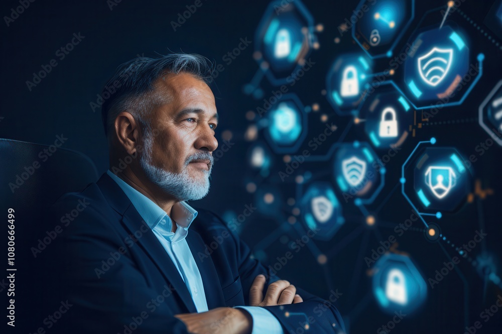 Poster businessman with folded arms looking at a digital cybersecurity interface displaying shield and lock