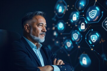 businessman with folded arms looking at a digital cybersecurity interface displaying shield and lock icons on a dark background.