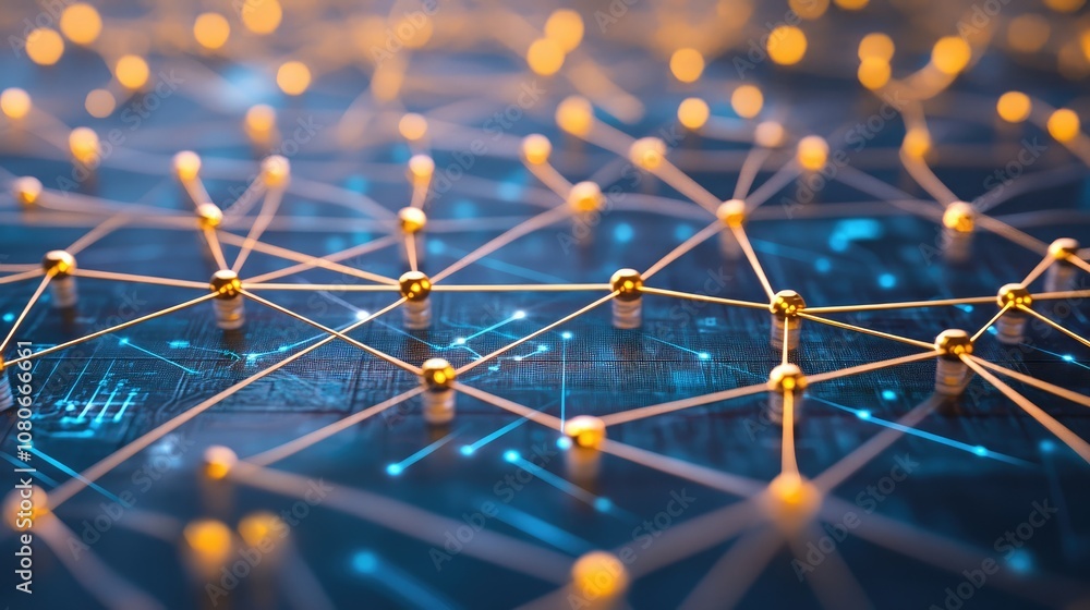 Poster abstract image of a network with golden spheres connected by thin wires on a blue background.