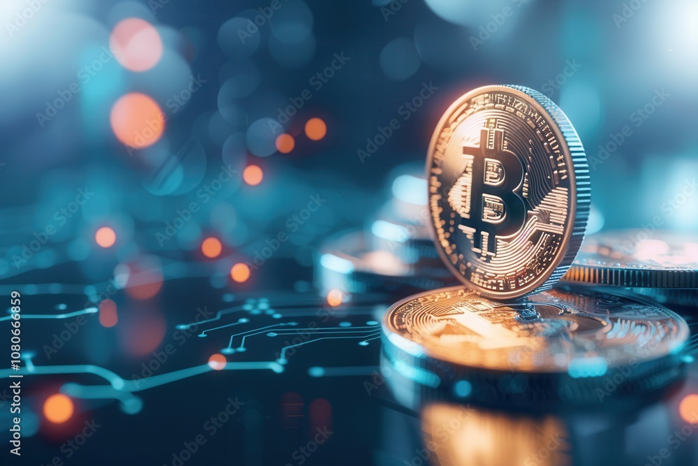 Poster stacked bitcoin cryptocurrency coins on a futuristic digital circuit background, symbolizing blockch