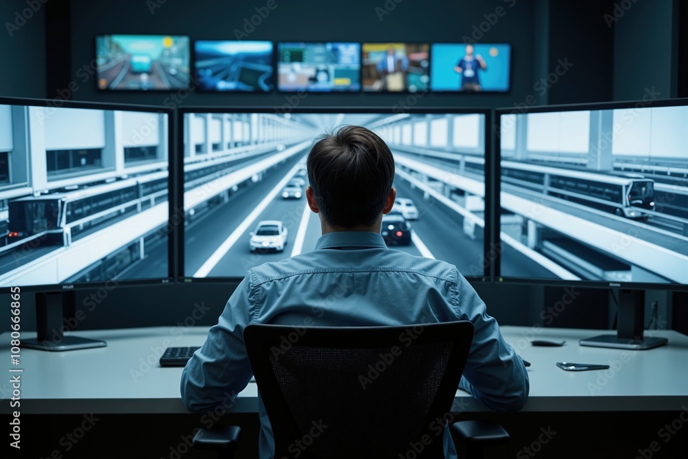 Poster surveillance control: man monitoring traffic cameras in modern security center with multiple screens