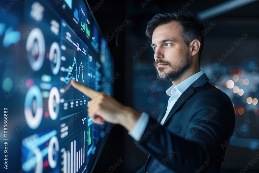 Poster focused businessman examining financial charts and graphs on a large digital touchscreen, highlighti