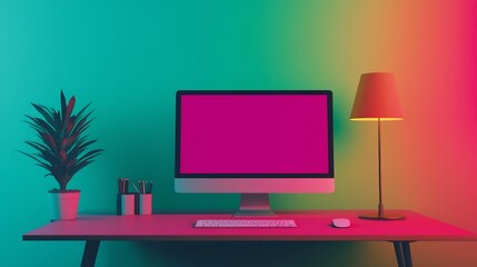 Creative Workspace with Layered Digital Art on Screen and Vibrant Colors