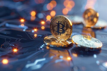 stacked Bitcoin cryptocurrency coins on a glowing circuit board background, symbolizing digital economy, blockchain technology, and virtual currency.