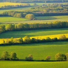 Obraz premium Springtime Countryside: A medium wide shot of a countryside scene in spring. The deep focus captures the green fields, blooming trees, and rolling hills in the background, with details of the vibrant 