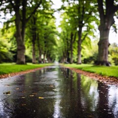 Fototapeta premium A medium wide shot of a forest path in the rain, captured from a Dutch angle. The shallow focus emphasizes the rain-soaked path and the surrounding trees, creating a sense of movement and depth with t