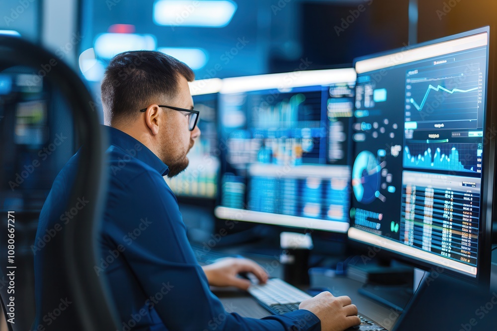 Poster stock market analyst focused on reviewing financial data and charts displayed on multiple monitors, 