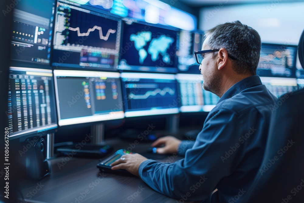 Poster financial analyst in a dark office monitoring live stock market data on multiple computer screens, f