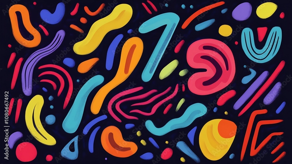 Poster abstract digital sketch with vibrant neon lines and shapes on dark background