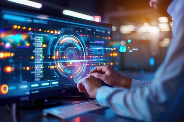 Fototapeta premium Software engineer interacting with a futuristic digital interface displaying holographic elements, emphasizing advanced technology and data visualization.