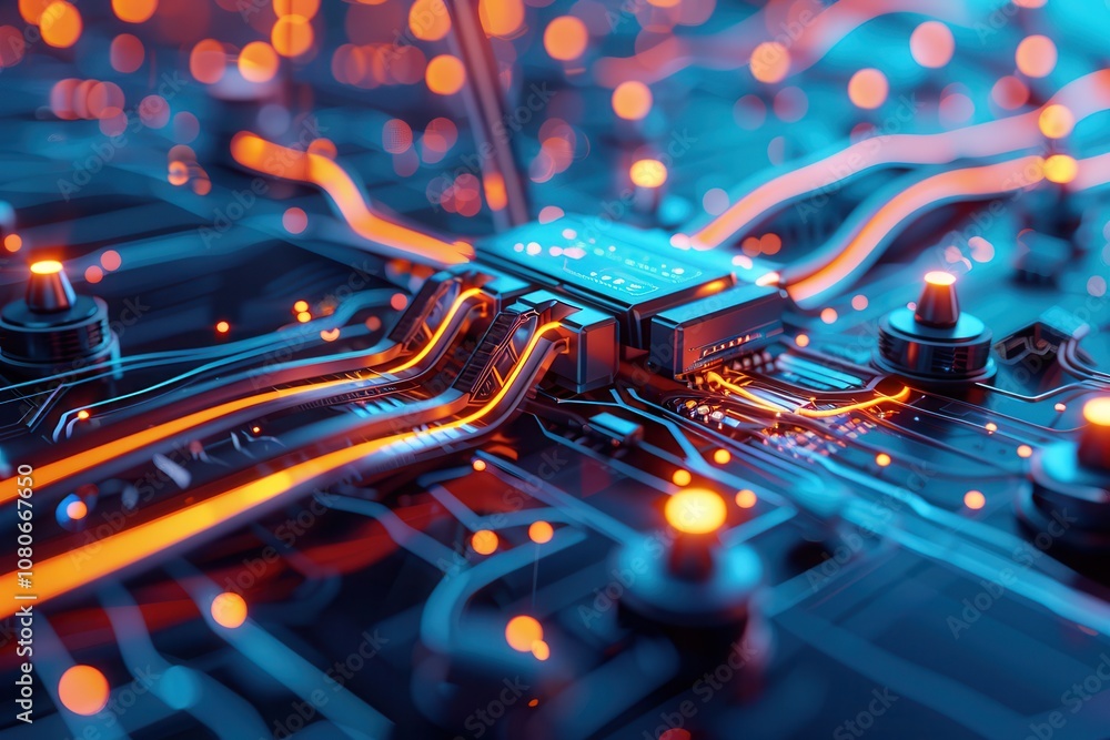 Poster close-up of a futuristic microchip with glowing orange and blue circuitry on a high-tech circuit boa
