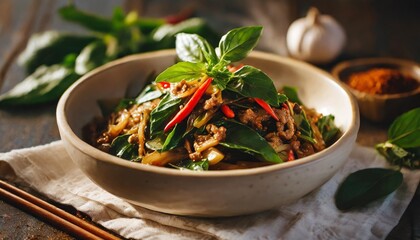 Home-Cooked Phat Kaphrao Stir Fry, Packed with Fresh Thai Basil and Chili, Presented in a Rustic Kitchen Setting with Natural Light for a Relaxed Dining Vibe