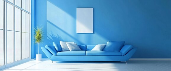 Fototapeta premium Blue Sofa in Minimalist Living Room with White Frame on Blue Wall