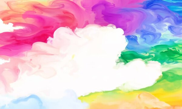 Colorful watercolor background of abstract sunset sky with puffy clouds in bright rainbow colors of pink green blue yellow and purple