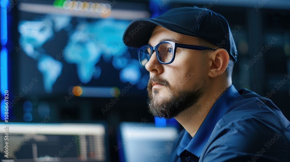 Poster cybersecurity specialist wearing glasses and a cap, monitoring global network data on multiple scree
