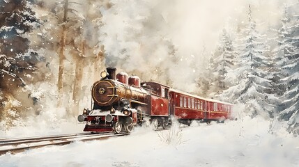 An enchanting watercolor illustration of an old-fashioned steam train chugging through the snowy countryside, surrounded by towering evergreen trees and white snowflakes falling gently from the sky