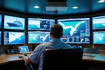 Maritime navigation control room with multiple monitors showcasing ship tracking and ocean mapping.