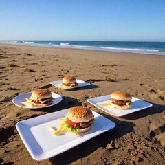 Obraz premium Extreme Wide Shot of a Beachside Picnic with Hamburgers on Plates: A soft focus photo capturing a beachside picnic scene with hamburgers laid out on plates at eye level.