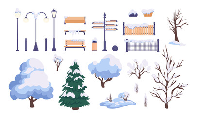 Cartoon Color Different Winter Nature Park Elements Set Concept Flat Design Style Include of Lantern, Fir, Bench and Urn. Vector illustration