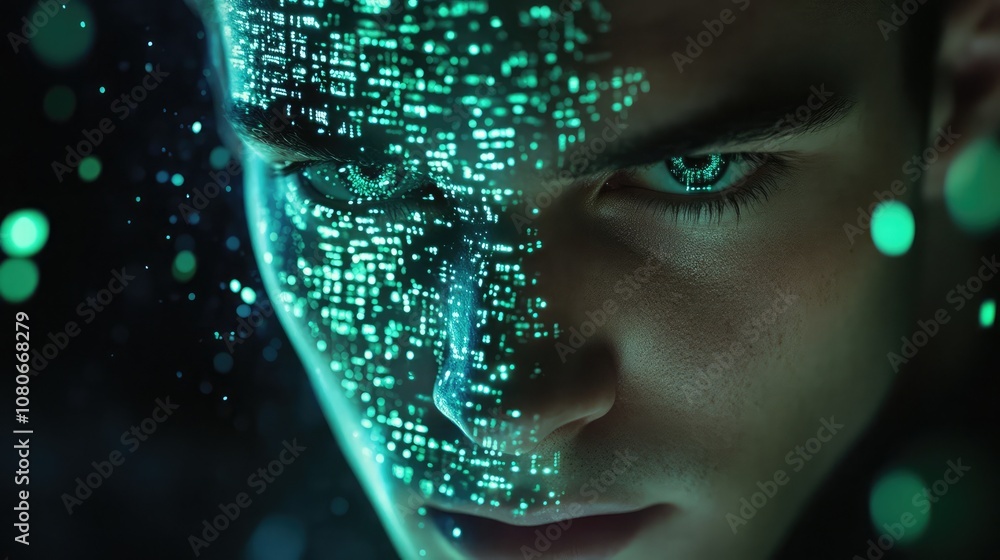 Poster a close-up of a man's face with a digital overlay of binary code, showcasing a futuristic and techno