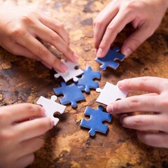 Hands Assembling a Puzzle: Soft focus, studio shot using a puzzle as a metaphor for teamwork, with multiple hands working together to piece it together.