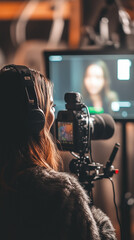 Female entrepreneur recording a podcast about business insights