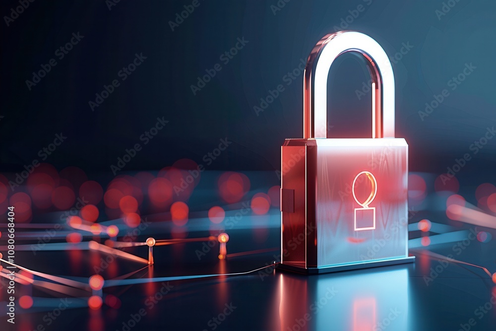 Poster padlock with neon circuit design, symbolizing cybersecurity, data protection, and digital security i