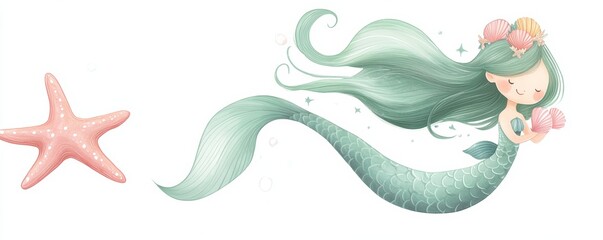 Cute mermaid swimming and holding seashells with starfish on white background