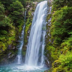 Obraz premium medium shot of a cascading waterfall surrounded by lush vegetation. The photo captures the water as it tumbles over the rocks, with ferns, moss, and other greenery framing the waterfall, creating a re