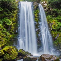 Obraz premium medium shot of a cascading waterfall surrounded by lush vegetation. The photo captures the water as it tumbles over the rocks, with ferns, moss, and other greenery framing the waterfall, creating a re