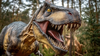 Obraz premium Mighty T-rex with open mouth and sharp teeth, roaring in a powerful stance, showing the fierce nature of the dinosaur.