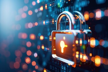 digital padlock with glowing binary code in the background, symbolizing cybersecurity, data protection, and encryption in a digital environment.