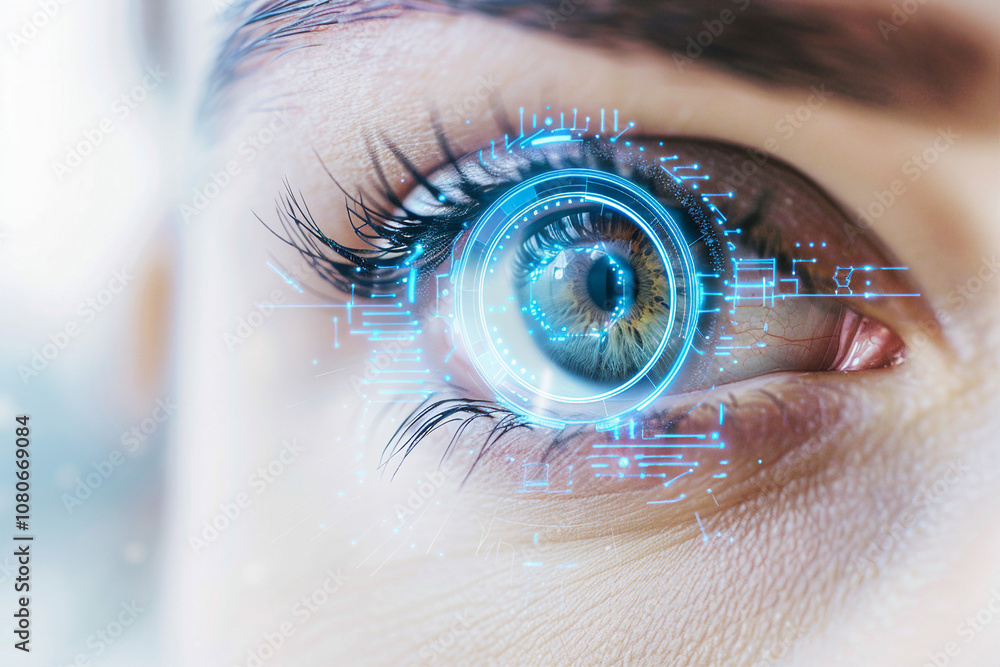 Poster human eye with futuristic cyber projection for virtual security and identity innovation - generative