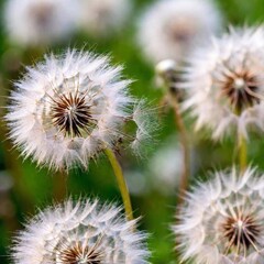 a close-up, birds-eye-view shot of a dandelion seed head with deep focus, capturing the intricate details of the individual seeds and their fine, hair-like structures, while keeping the surrounding da
