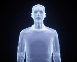 A glowing, wireframe representation of a human figure against a dark background, showcasing a blend of technology and anatomy.