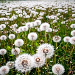 an extreme long shot, birds-eye-view image of a vast dandelion field. Utilize deep focus to capture the expansive field with countless dandelion seed heads in sharp detail, extending to the horizon wi