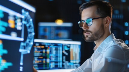 Close-up of a data scientist wearing glasses, deeply focused while analyzing complex visual data on multiple monitors in a dimly lit office.