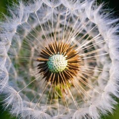 Fototapeta premium a close-up, birds-eye-view shot of a dandelion seed head with deep focus, capturing the intricate details of the individual seeds and their fine, hair-like structures, while keeping the surrounding da