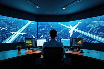 Aviation control room with monitors and air traffic visualization for modern flight management.