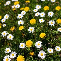 Fototapeta premium an extreme long shot from a birds-eye-view perspective, focusing on a dandelion meadow interspersed with other wildflowers. Use deep focus to showcase the dandelion patches and their textures, blendin