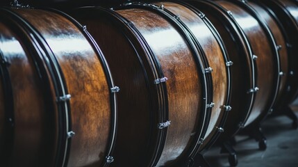 Close-up of a row of wooden bass drums, showcasing their rich brown finish and intricate details.