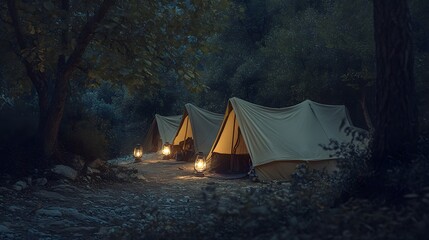 Two illuminated tents in a dark forest setting.