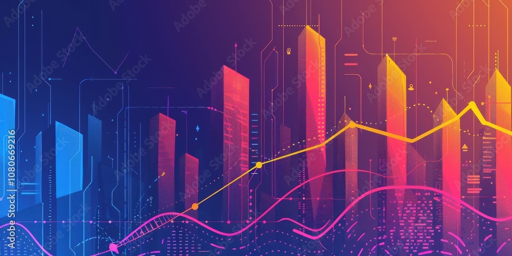 Poster abstract illustration of a futuristic city skyline with digital graphs and data visualization in vib