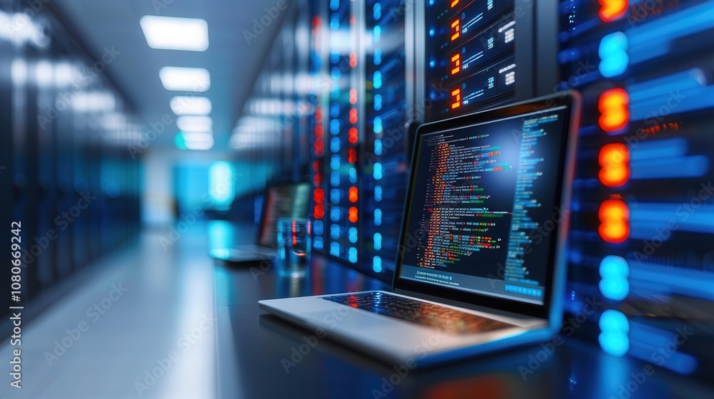 Poster open laptop displaying code in a modern data center, surrounded by server racks with colorful led in
