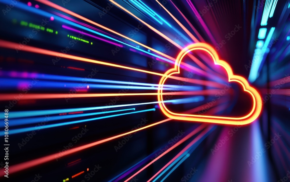 Poster a vibrant depiction of cloud technology with dynamic lines representing data flow and connectivity i
