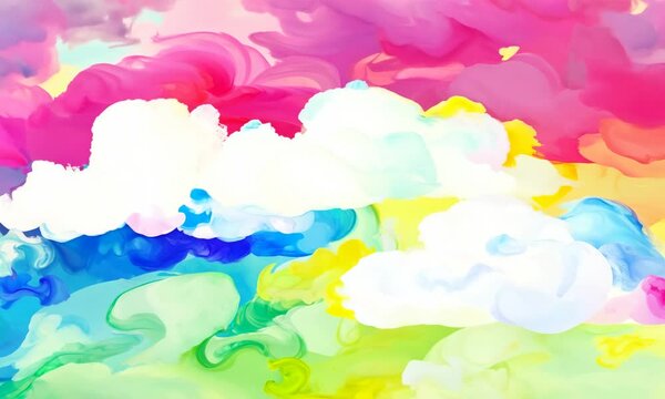 Colorful watercolor background of abstract sunset sky with puffy clouds in bright rainbow colors of pink green blue yellow and purple